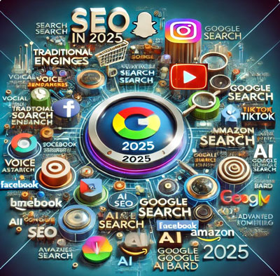 La evolución del SEO en 2025 nos muestra a Google en el centro pero rodeao de otras plataformas como Youtube y la inteligencia artificial