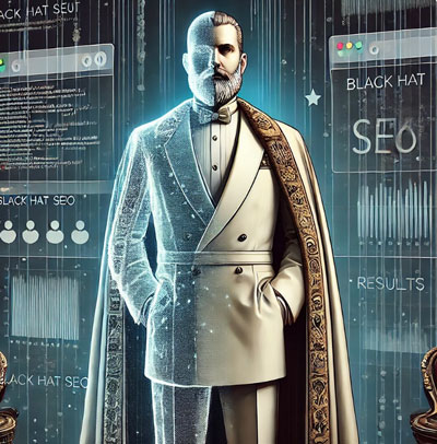 Imagen de un emperador con la mitad de su traje invisible, simbolizando el concepto de Blackhat SEO. La figura está vestida elegantemente en un lado, mientras que el otro lado aparece traslucido, transmitiendo la idea de una estrategia engañosa o fraudulentas en el mundo del SEO.