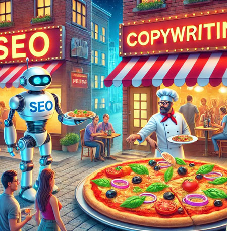 "Ilustración de una pizzería animada en una ciudad, mostrando un robot pizzero futurista (representando SEO)  y un chef carismático (representando Copywriting) describiendo la pizza a los clientes. La escena refleja la colaboración entre SEO y Copywriting en el marketing digital.