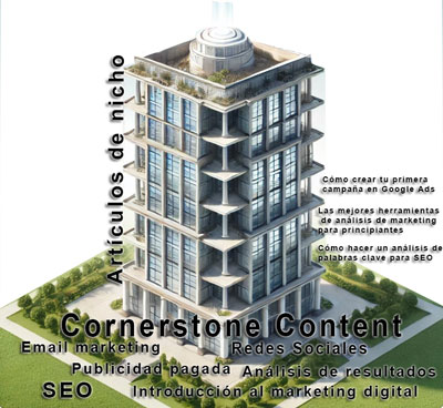 lustración de un edificio donde el cimiento y la planta baja representan el cornerstone content, una guía sobre marketing digital, mientras que los diferentes pisos simbolizan artículos de nicho como SEO, redes sociales, campañas pagadas y análisis de datos.