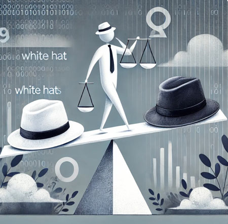 Persona equilibrándose sobre una viga con un sombrero blanco en un extremo y un sombrero negro en el otro, simbolizando el Gray Hat SEO, con un fondo abstracto que representa algoritmos de motores de búsqueda y elementos ambiguos que sugieren incertidumbre.