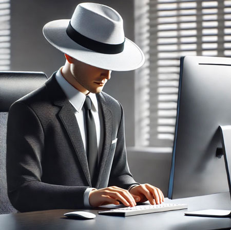 "Un hombre vestido con un traje negro y un sombrero blanco, frente a un ordenador, simbolizando el concepto del SEO White Hat. La imagen transmite la idea de una estrategia de optimización ética y correcta para motores de búsqueda, con un enfoque en prácticas legítimas y transparentes."