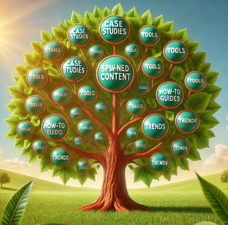 Ilustración de un árbol donde el tronco central simboliza el spined content, un contenido base sólido, y las ramas representan extensiones como herramientas, tendencias y casos de éxito, mientras las hojas reflejan formatos personalizados para distintos públicos.