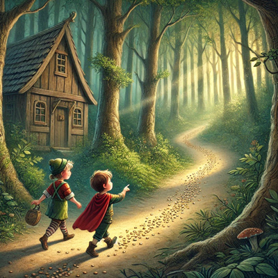 Dos niños caminando por un sendero en el bosque, dejando migas de pan en el suelo como rastro para no perder el camino de regreso a su casa, visible en el fondo. Al igual que los breadcrumbs en SEO, este rastro les ayuda a orientarse y volver fácilmente a su punto de partida.