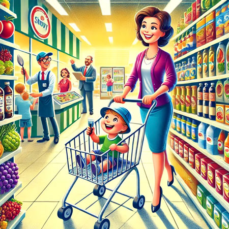 Ilustración colorida que representa una analogía de las SERPs. Una mujer empuja un carrito de compras con un niño dentro, quien observa los estantes a la altura de sus ojos, simulando cómo los primeros resultados en Google captan más atención. En el fondo, un empleado ofrece muestras gratis (como los snippets) y un gerente reorganiza productos (simulando el algoritmo de Google).