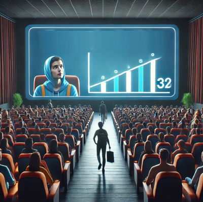 Una sala de cine moderna con una gran pantalla mostrando una escena. Algunos espectadores permanecen sentados, mientras que otros se levantan y salen con expresiones de desinterés o decepción, simbolizando la tasa de rebote en SEO, donde los usuarios abandonan un sitio web sin interactuar.